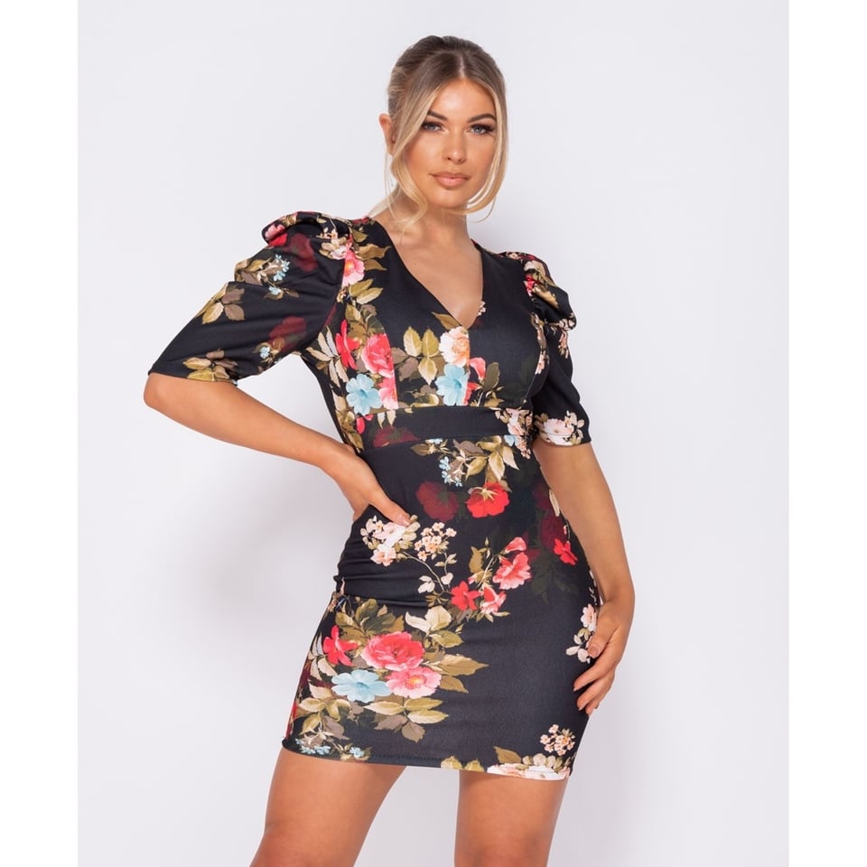Floral Print Puffed - Bodycon Mini Dress - Dames - Zwart - Maat: One Size