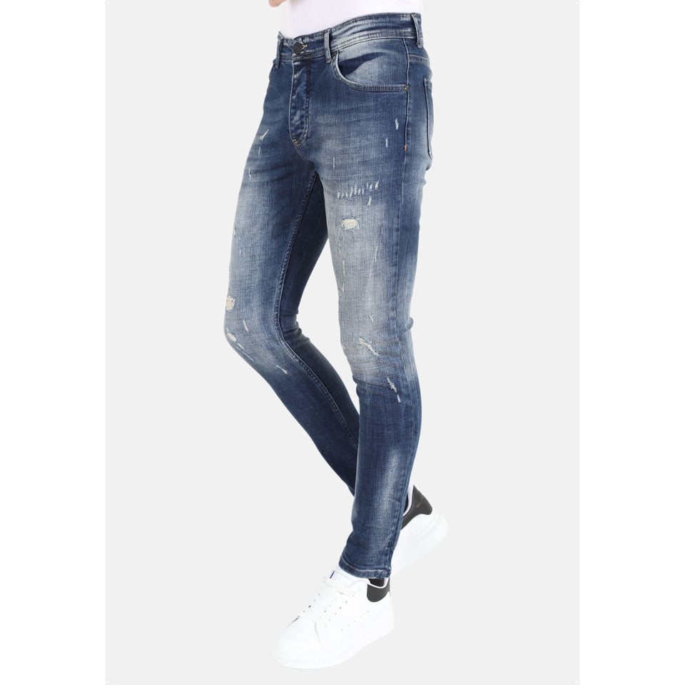 Stonewashed Slim Fit Mannen Spijkerbroek Met Scheuren -MM121- Blauw