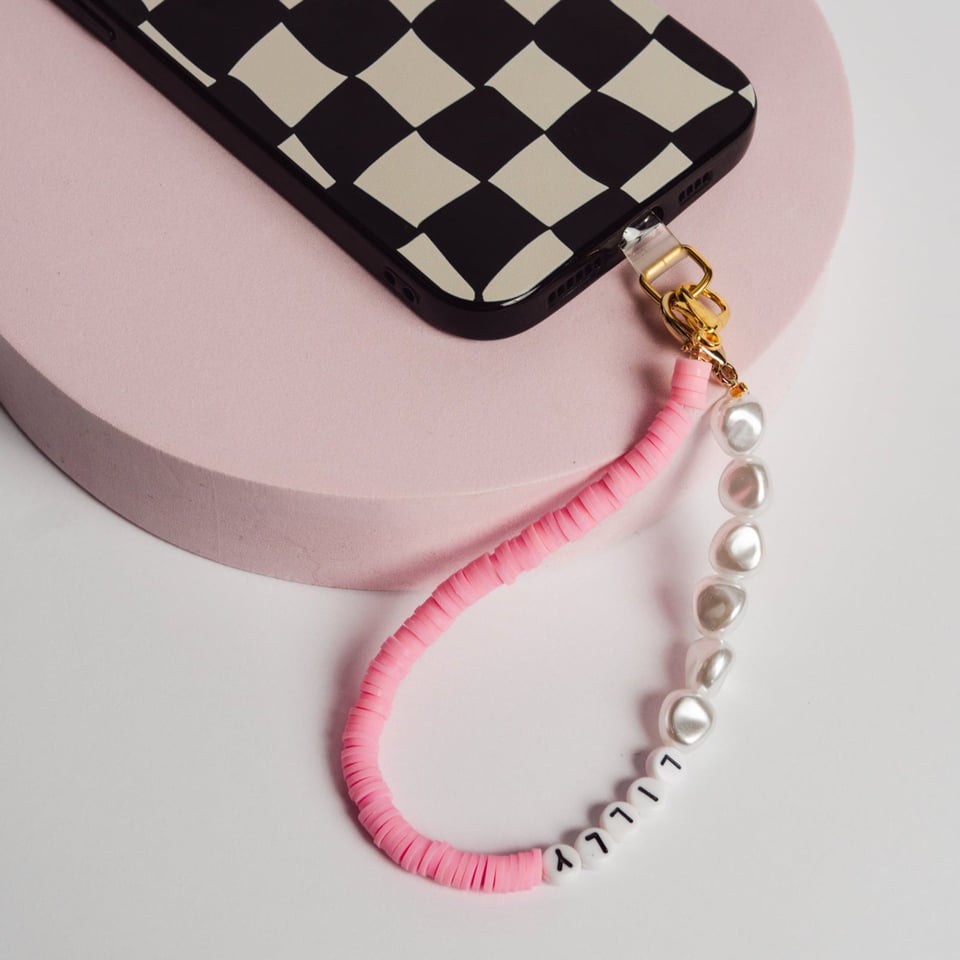 Telefoonkoord met Naam  Gepersonaliseerde Korte Parelketting (30 cm)