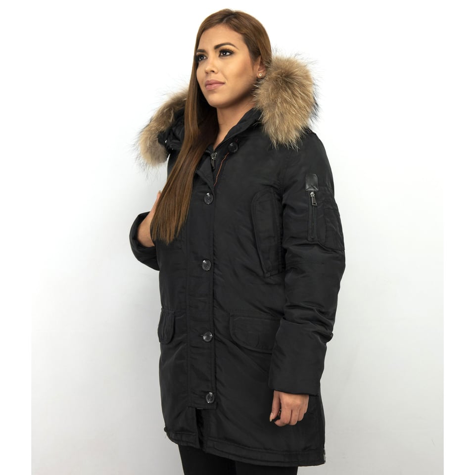 Lange Parka Winterjas Dames Met Bontkraag Zwart