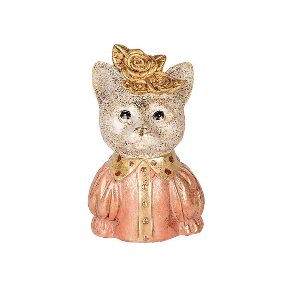 Beeldje Poes Roze Wit Met Gouden Roos 12x18cm