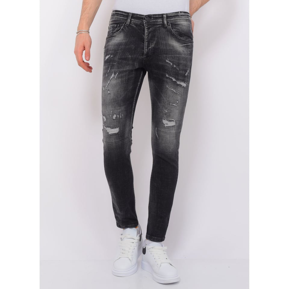 Destroyed Jeans with Paint Splatter Heren - Slim Fit -1086- Zwart