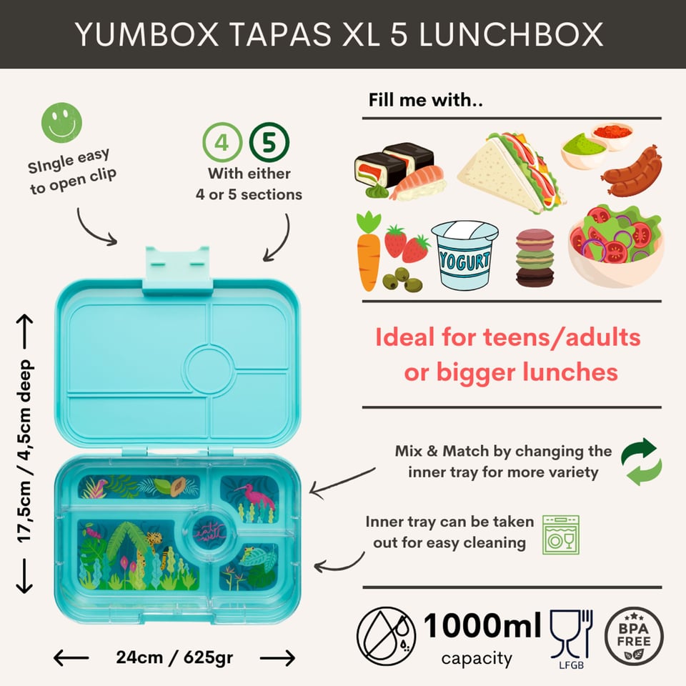 Yumbox Tapas XL 5 Vakken Antibes Blue / Jungle Pastel - Antibes Blue / Blauw