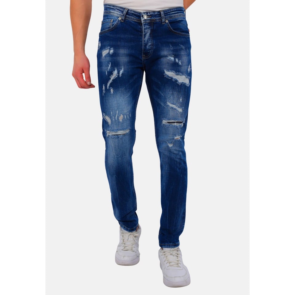 Heren Blauwe Slim Fit Jeans Met Gaten -DC-047