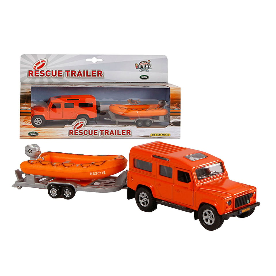 Kids Globe Die Cast Pull Back Landrover Defender Met Reddingsboot 3+