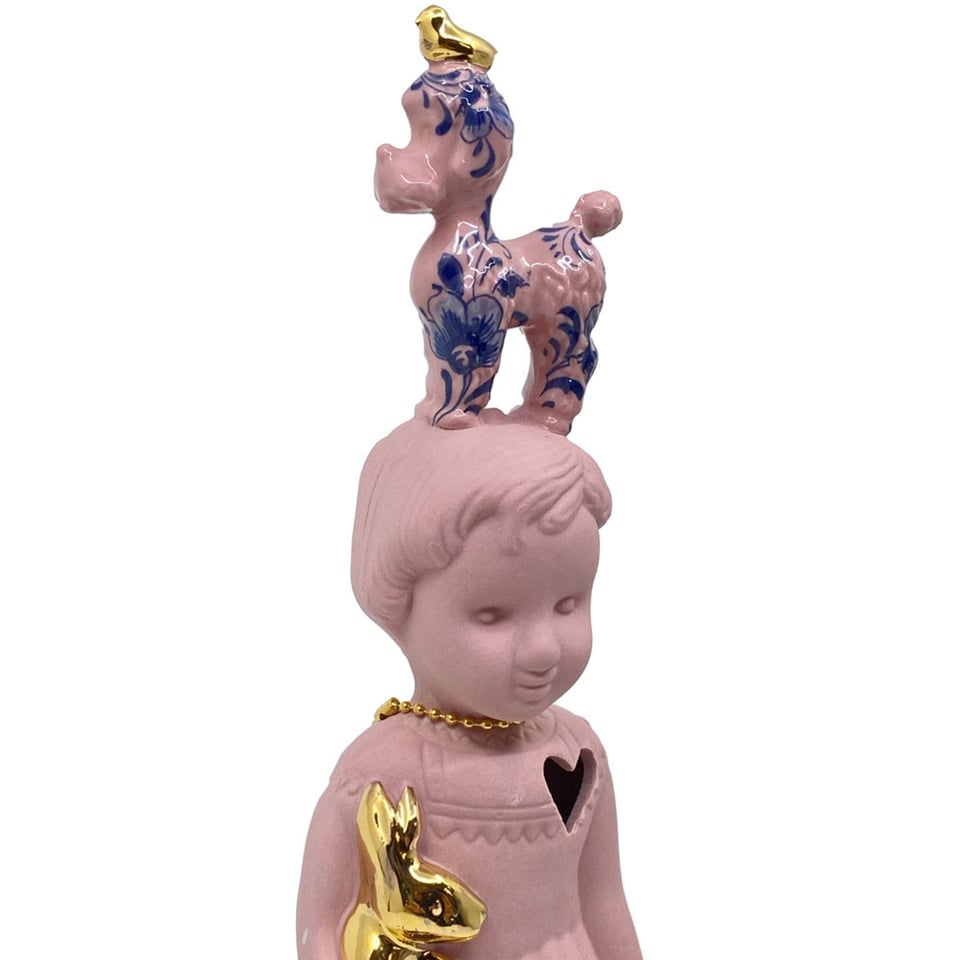 Pupke Roze Met Poedel Delfts Blauw Porselein 26cm