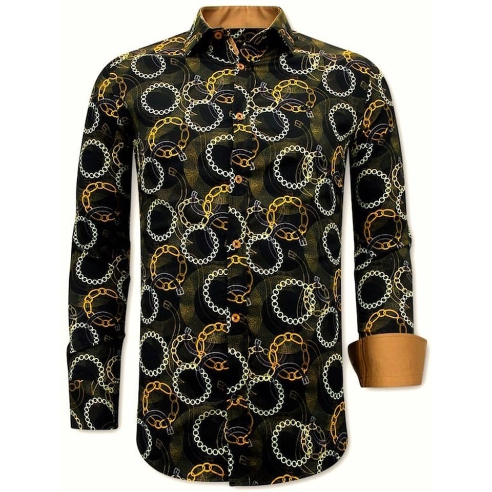 Luxe Satijn Overhemd Heren Print - 3078NW - Zwart / Bruin