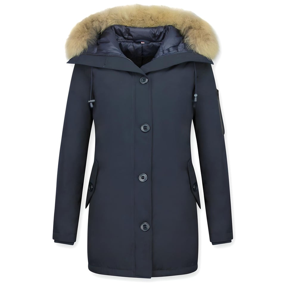 Lange Parka Jas Dames Met Bontkraag Blauw