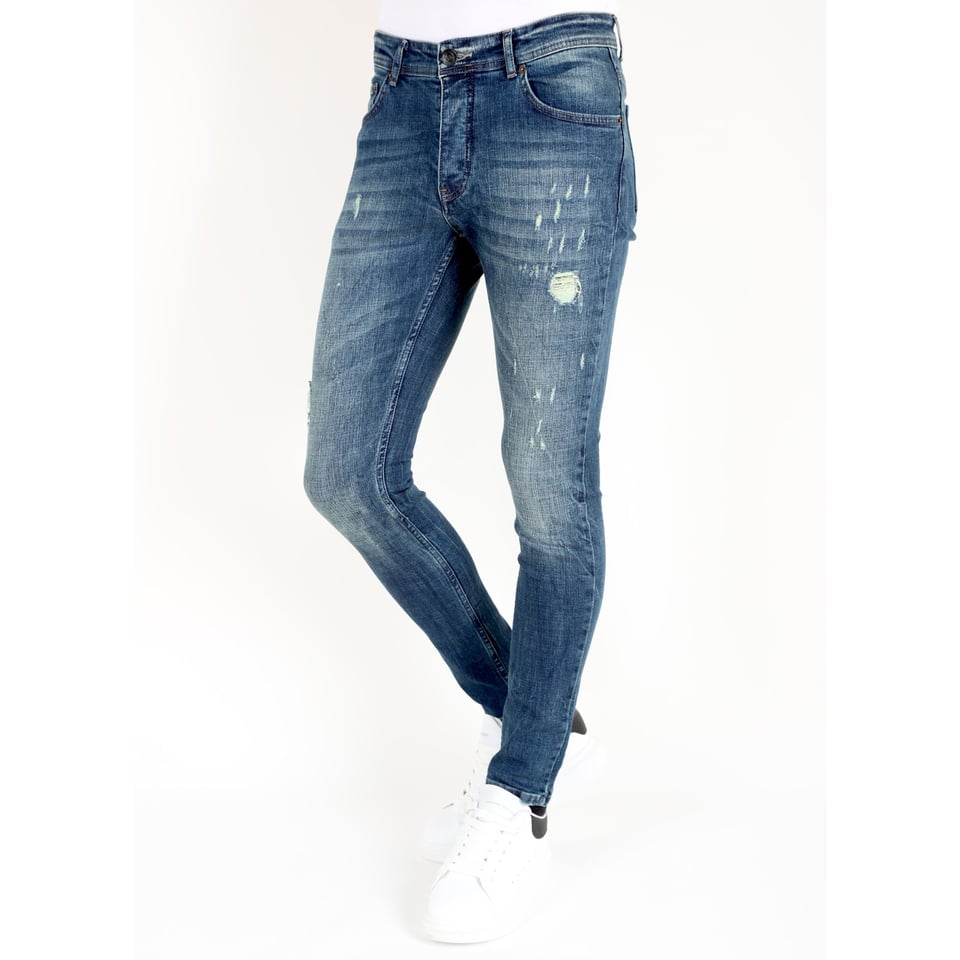 Blauwe Slim Fit Jeans Met Scheuren Heren -MM118- Blauw