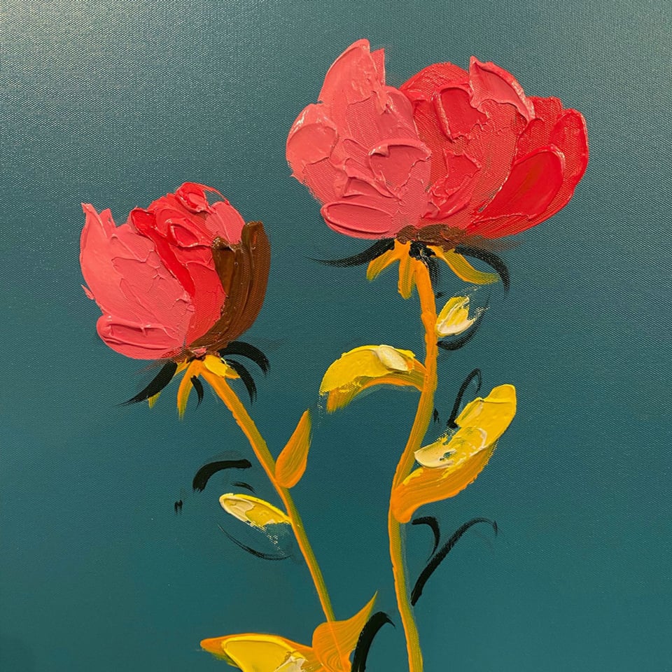 Schilderij Roze Bloemen in Petrol Sierlijst 50x60cm Handgeschilderd