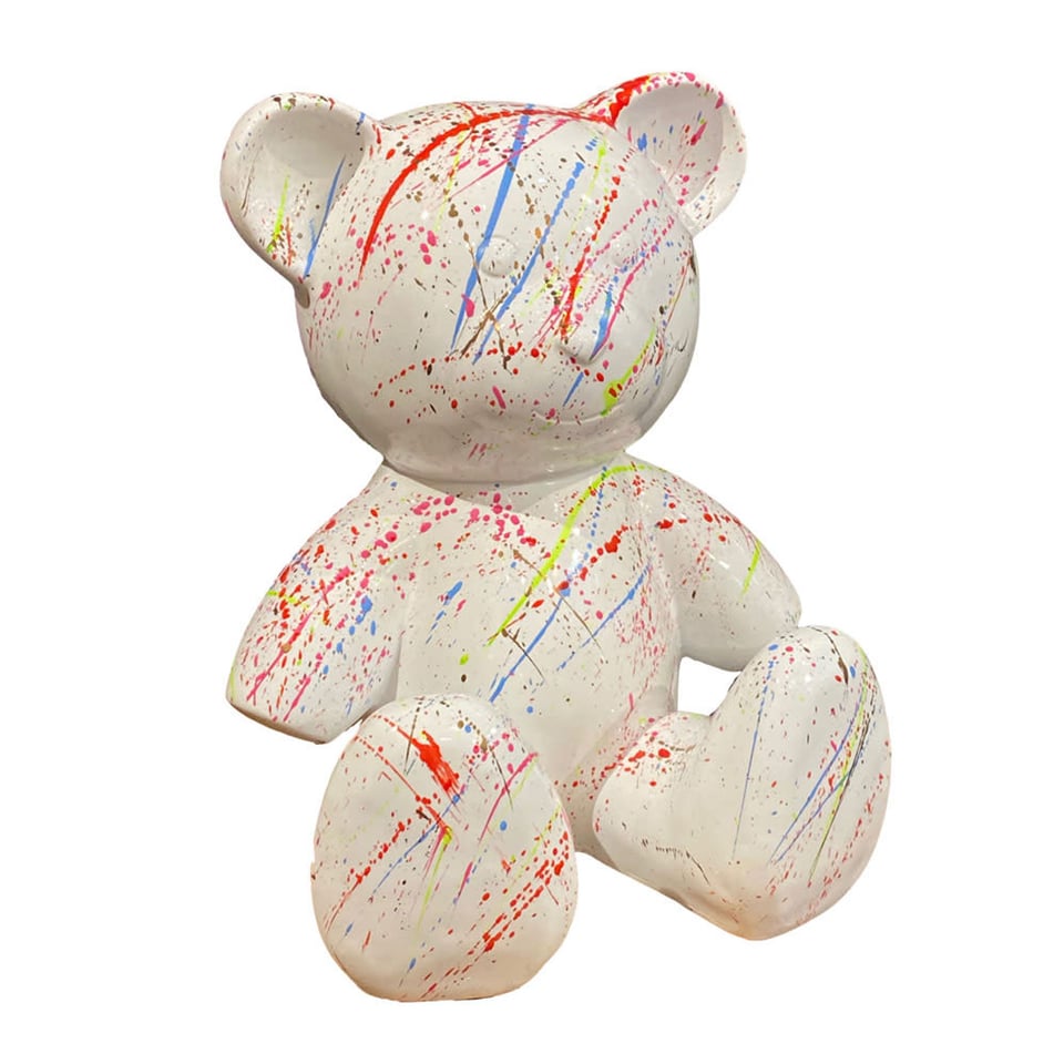 Beeld Design Beer Zittend Wit Multicolor Splash 30x32cm