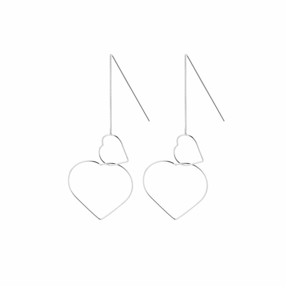 Silver Hanging Earrings with Double Hearts