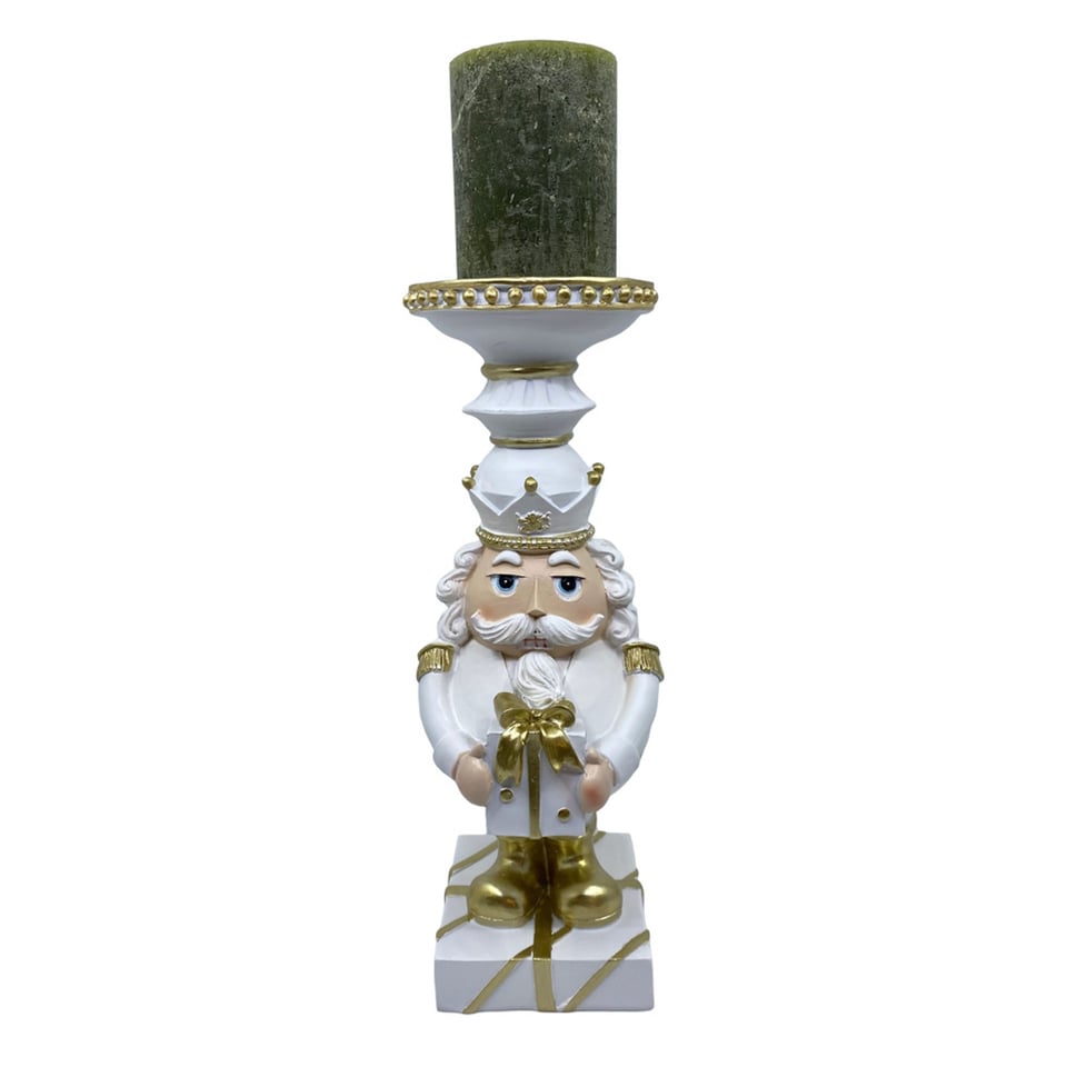 Kandelaar Notenkraker Wit-Goud 14x32cm Blokkaars
