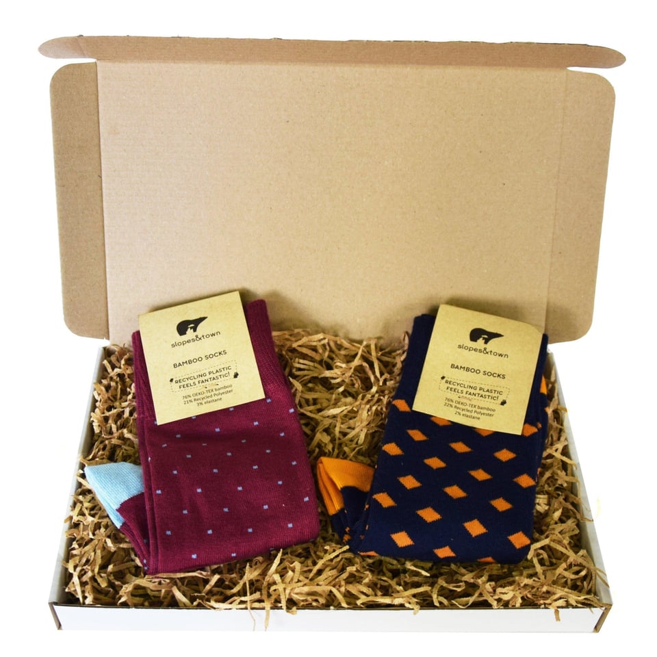 Duurzame bamboe sokken cadeau box - Dotty burgundy / Dotty camel
