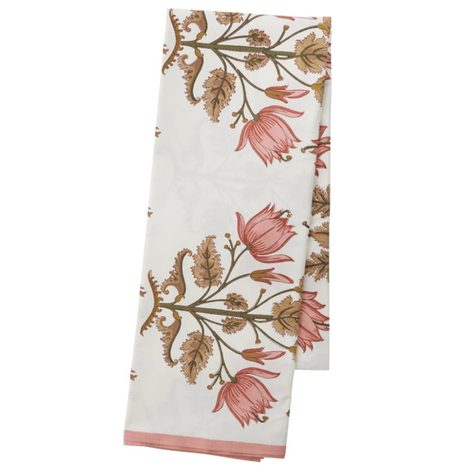 Bungalow Katoenen Blokprint Tafelkleed Flora Rose, Gebroken Wit Met Rozetinten, Olijf en Goudbruin 170 X 300 Cm