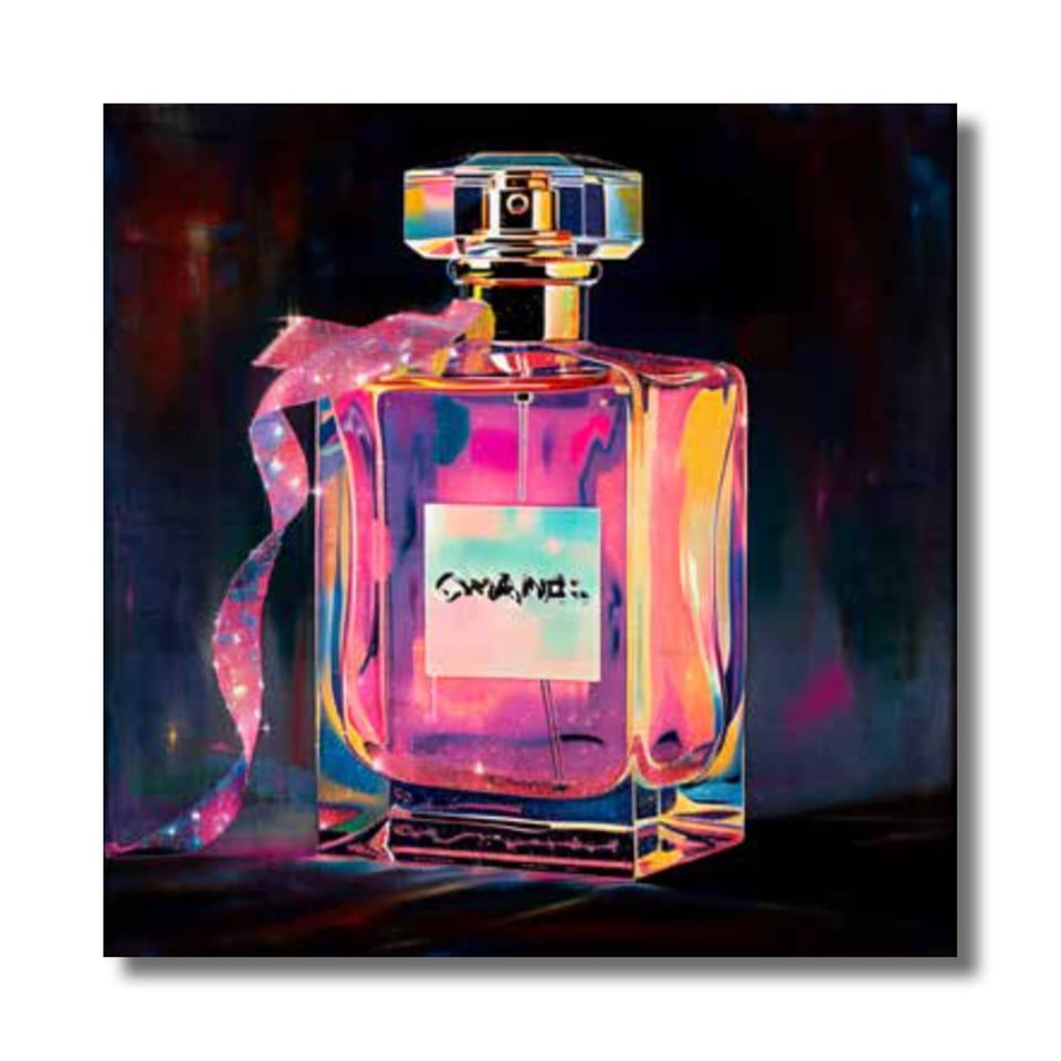 Schilderij Parfum Fles Met Lint Neon Canvas 60x60cm