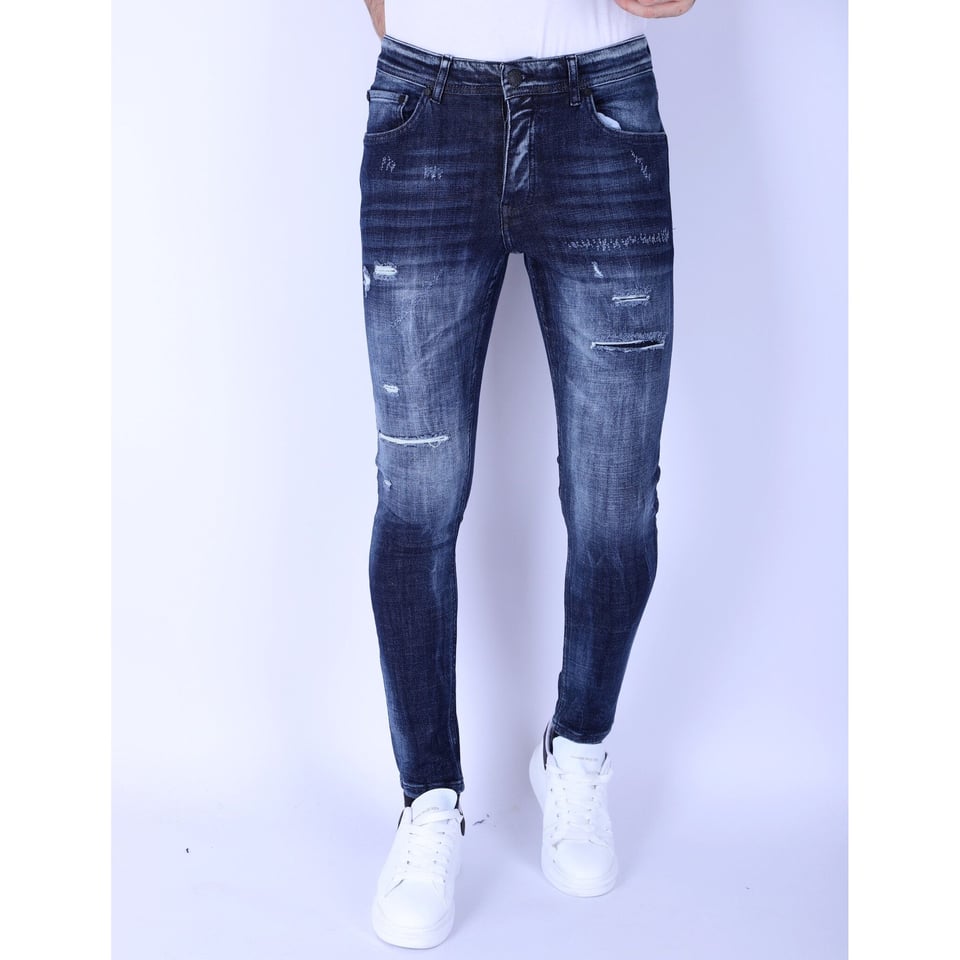 Donkerblauwe Slim Fit Heren Jeans Met Gaten - 1101 - Blauw