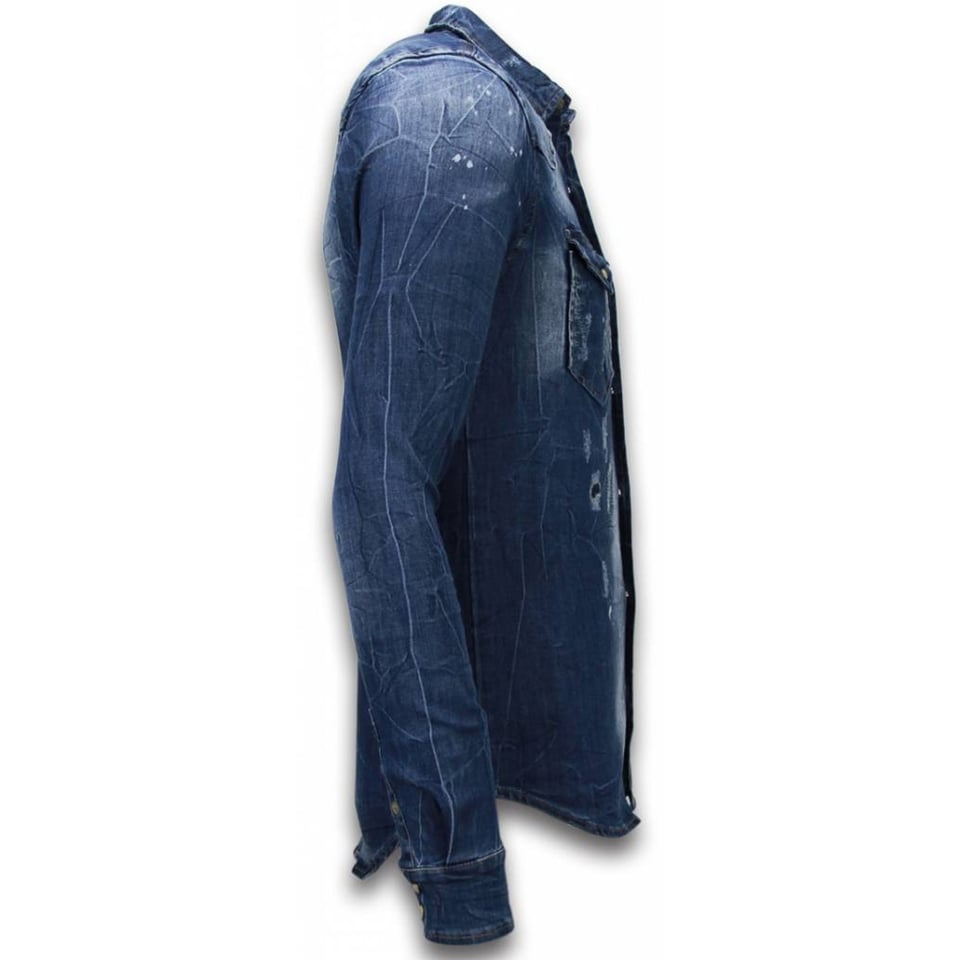 Denim Shirt - SpijkerBlouse Slim Fit Long Sleeve - Vintage Look - Blauw