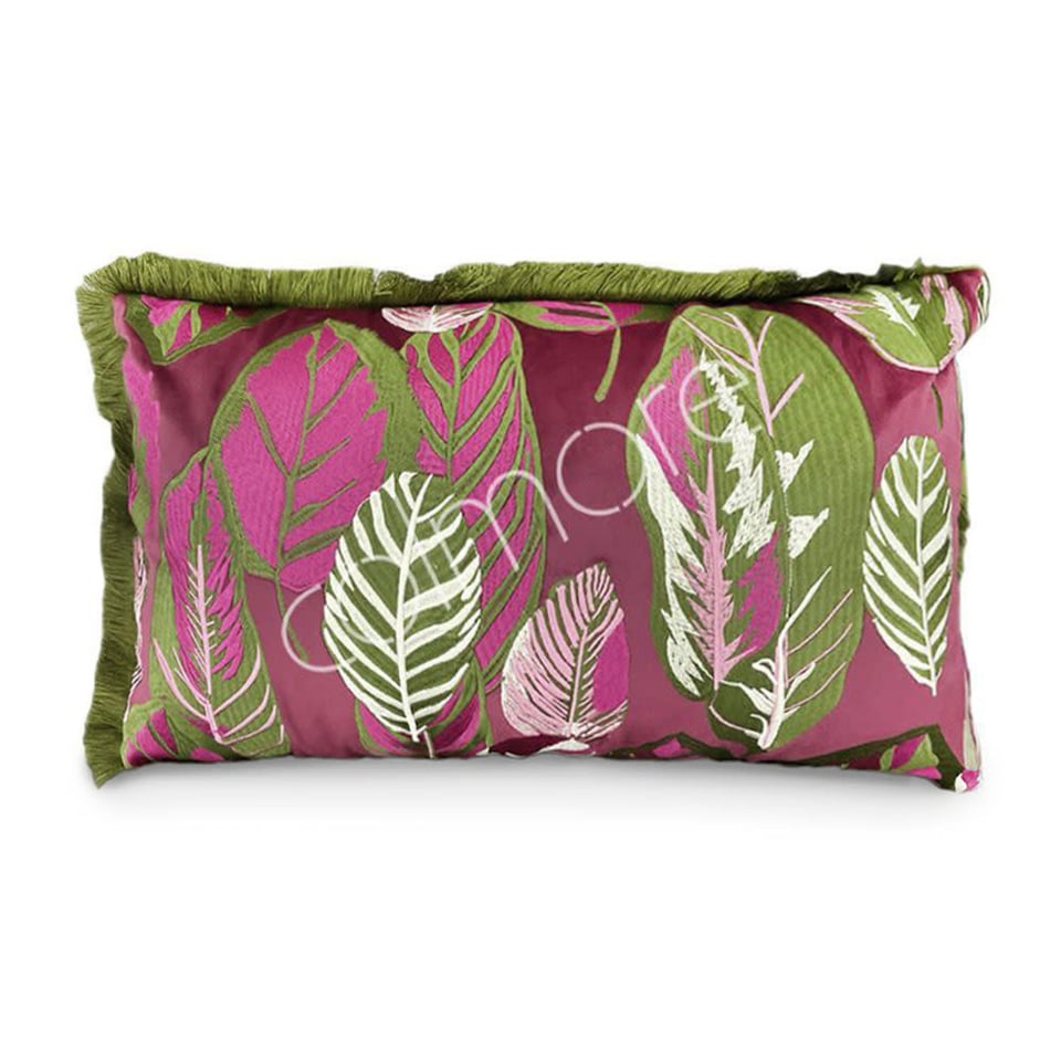 Sierkussen Bladeren Fuchsia Groen Bordeaux 60x35cm Met Franjes
