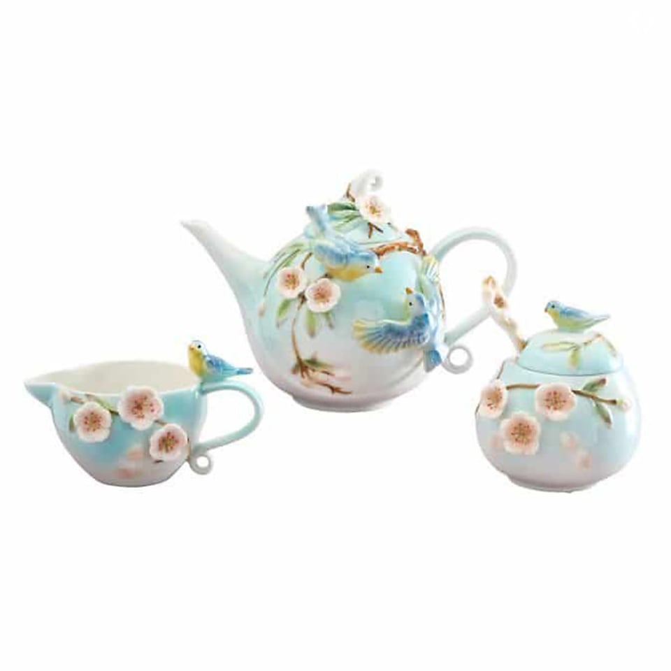Theeset Vogels en Bloemen Multicolor - Theepot-Melkkan-Suikerpot