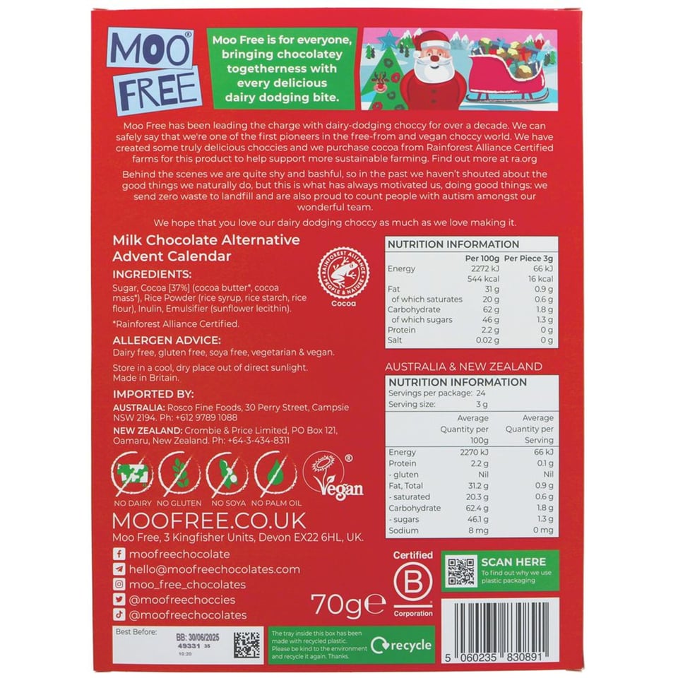 Moo Free Advent Calendar Milk Chocolate 70g