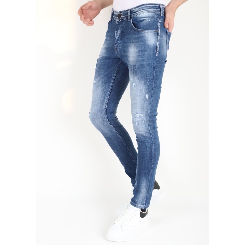 Slim Fit Spijkerbroek Heren Met Verfspatten -MM108 - Blauw