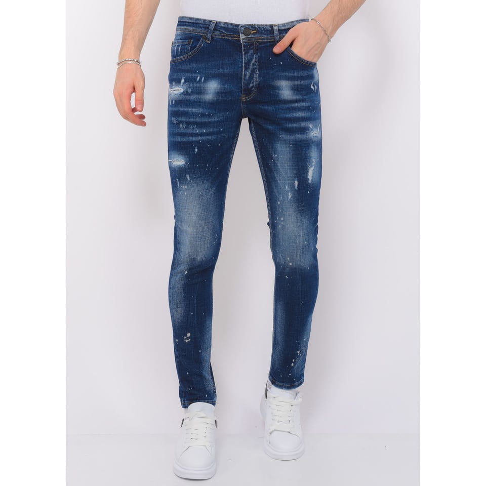 Men's Paint Splatter Stonewashed Jeans - Slim Fit -1077- Blauw