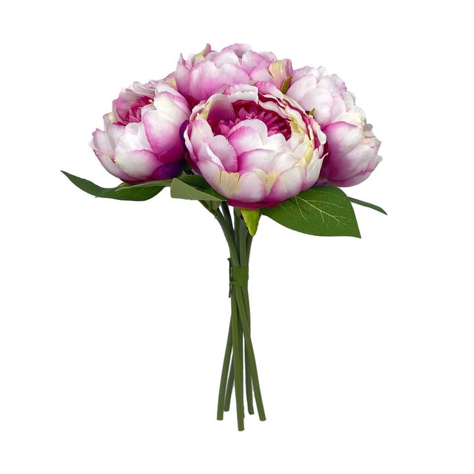 Kunstbloemen Boeket 6 Pioenrozen Fuchsia-Wit 29cm