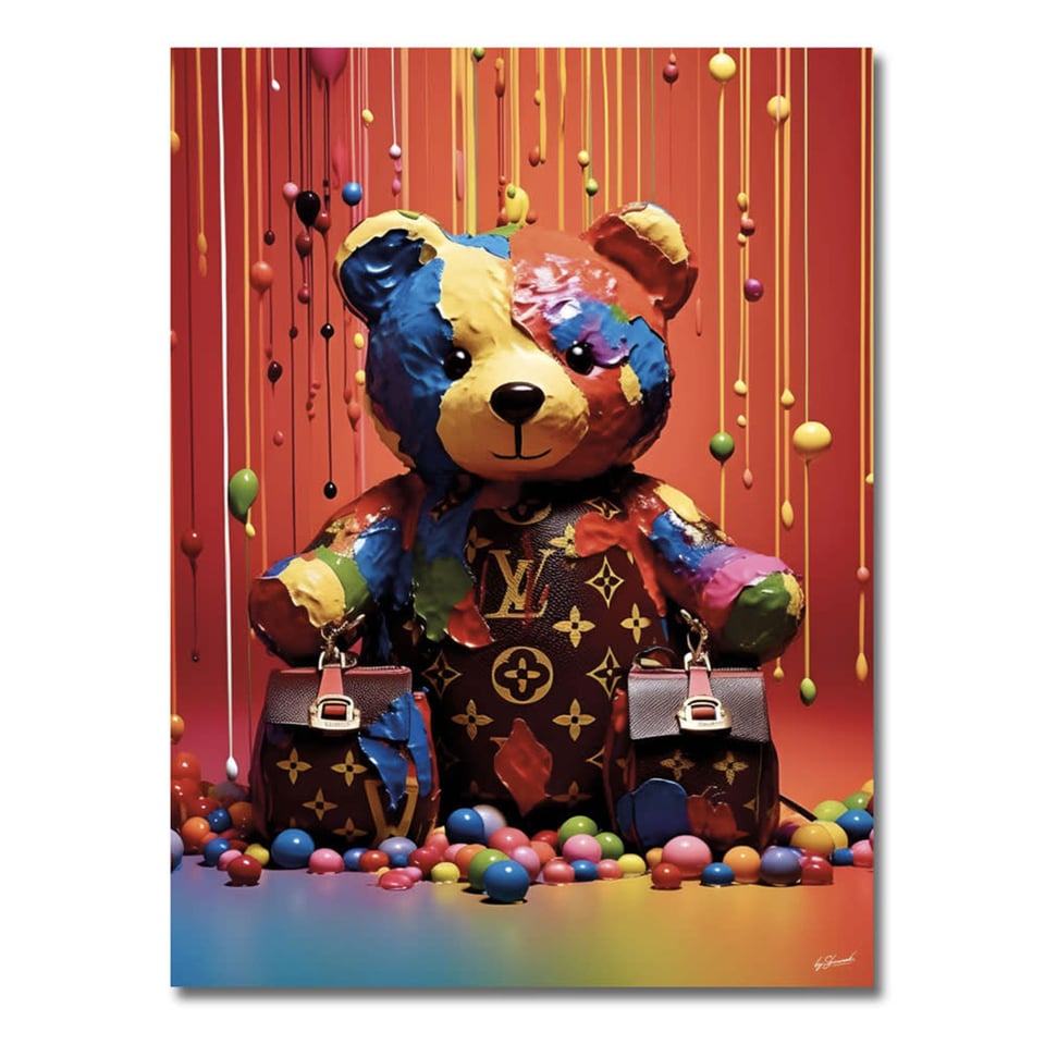 Glasschilderij Teddy Beer Louis Vuitton Multicolor 60x80cm