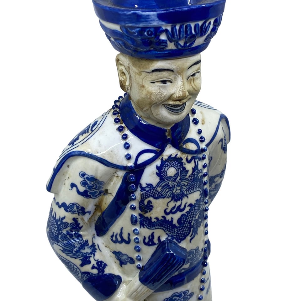 Beeld Chinese Keizer Zoon Staand Blauw Wit 12x45cm - Kleur: Porselein - Maat: H45cm