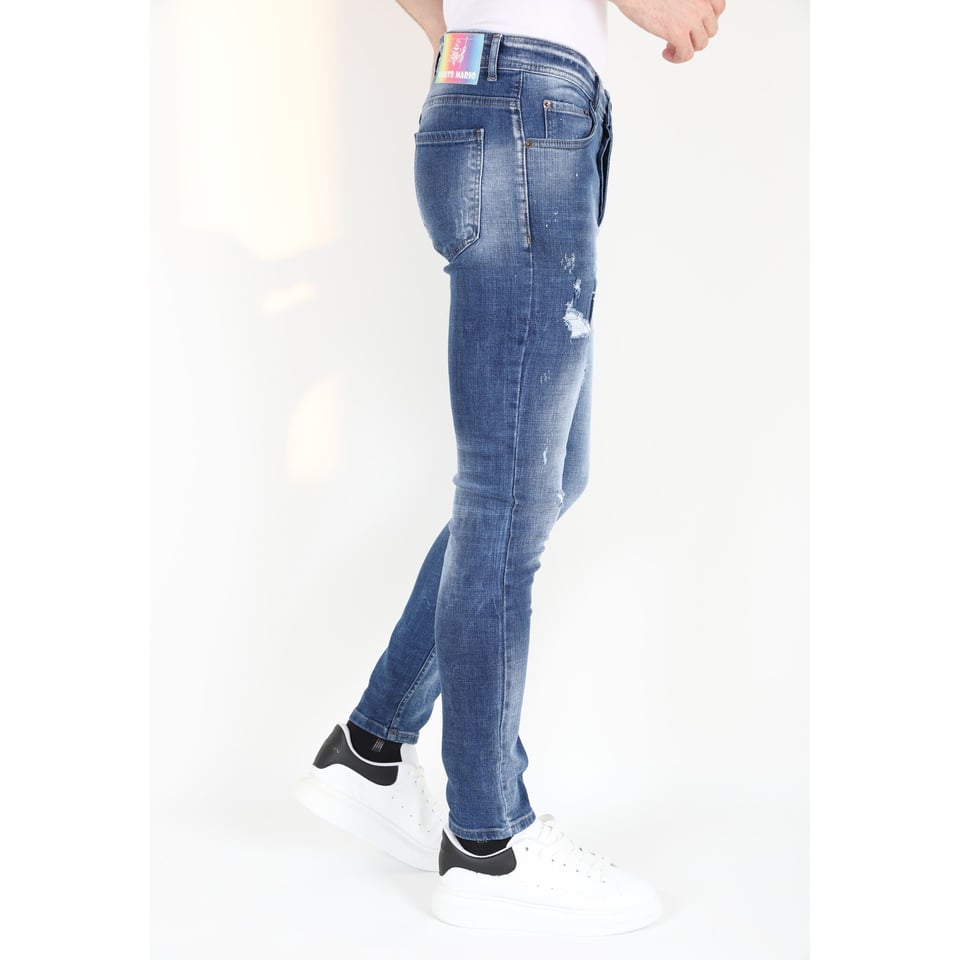 Slim Fit Spijkerbroek Heren Met Verfspatten -MM108 - Blauw