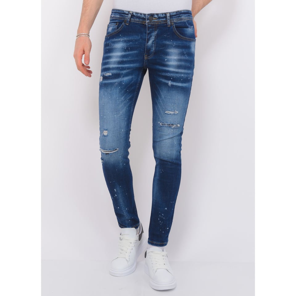Paint Splatter Ripped Jeans Heren - Slim Fit -1075- Blauw