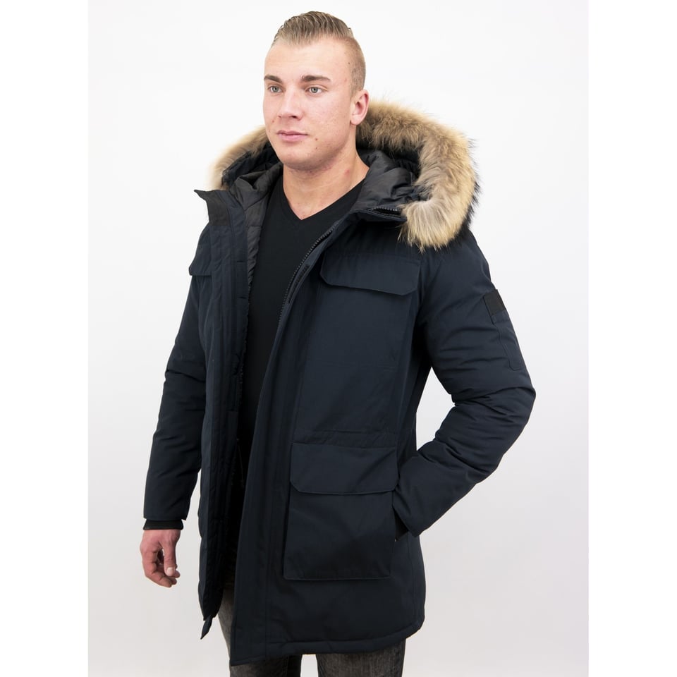 Parka Heren Winterjas Met Grote Echte Bontkraag Blauw