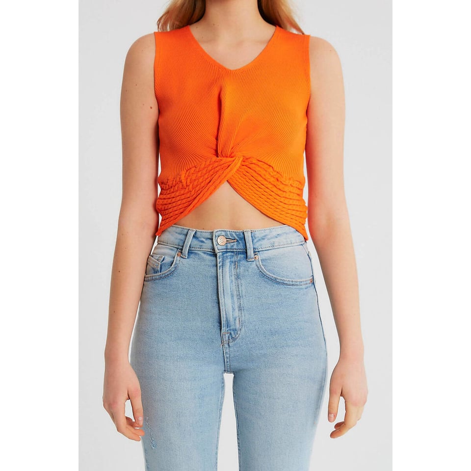 Dames Elastische Ribstof Top - T93564 - Orange - Maat: One Size