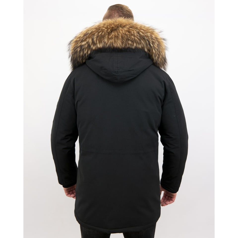 Heren Parka Winterjas Met Grote Echte Bontkraag Zwart