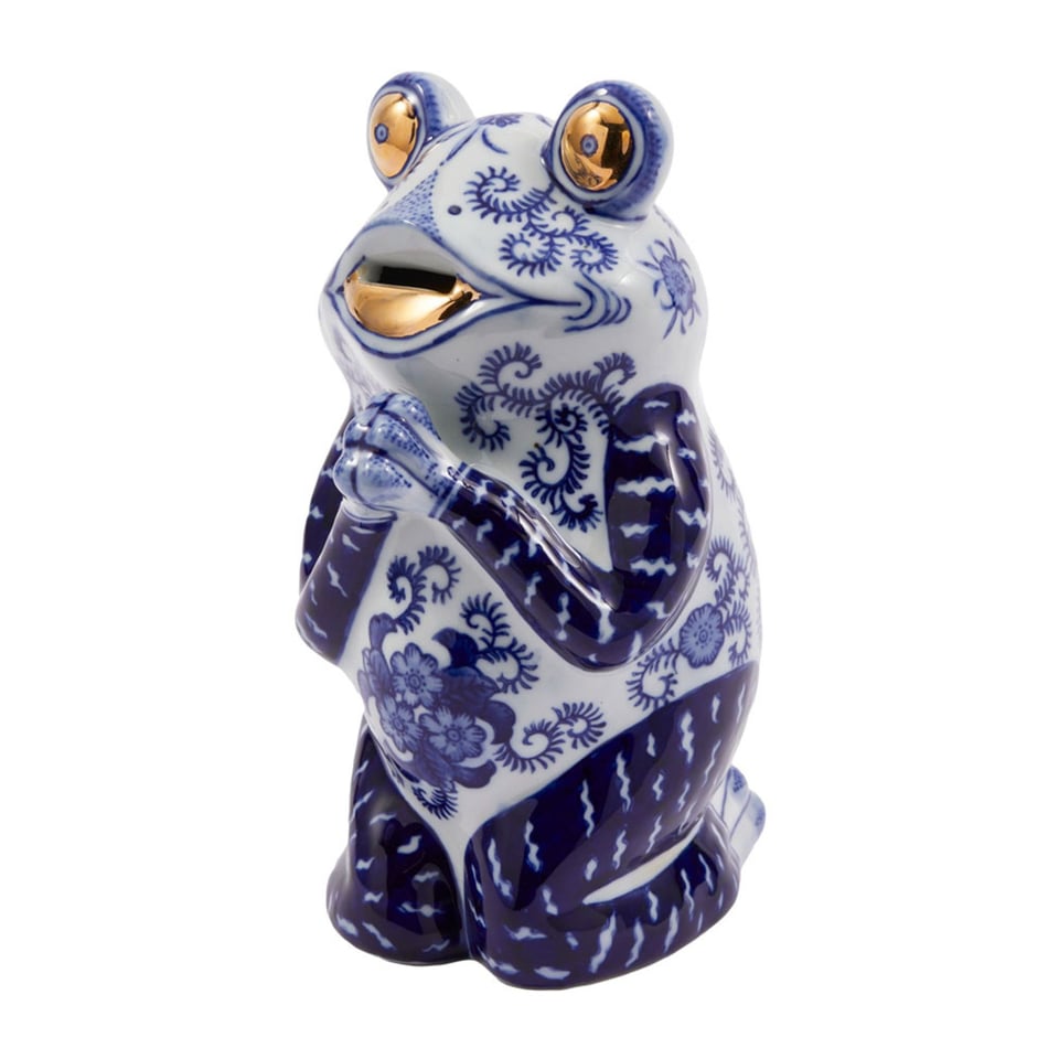 Beeld Spaarpot Kikker Blauw Goud Porselein 14x26cm