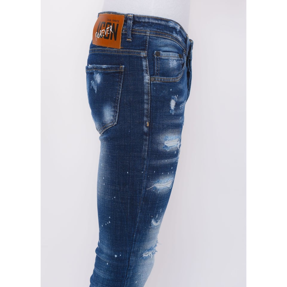 Stretch Denim with Paint Splash Heren - Slim Fit -1074- Blauw