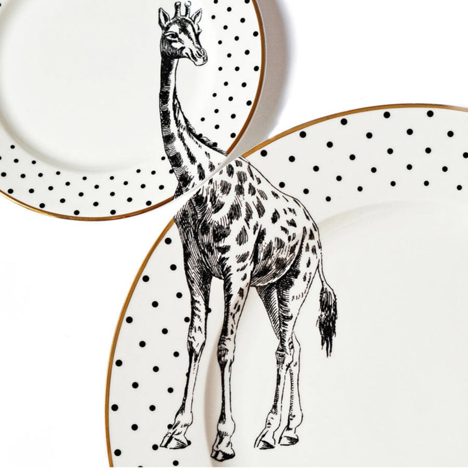 Yvonne Ellen Mono Set Van Dinerbord en Taartbord Zwart-Wit-Goud Met Giraffe