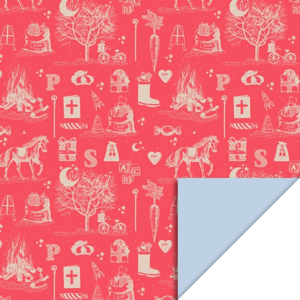 Rol Sinterklaas Inpakpapier Sint - Vintage Red - Light Blue