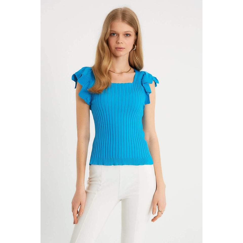 Dames Elastische Ribstof Top - T93547 - Blauw - Maat: One Size