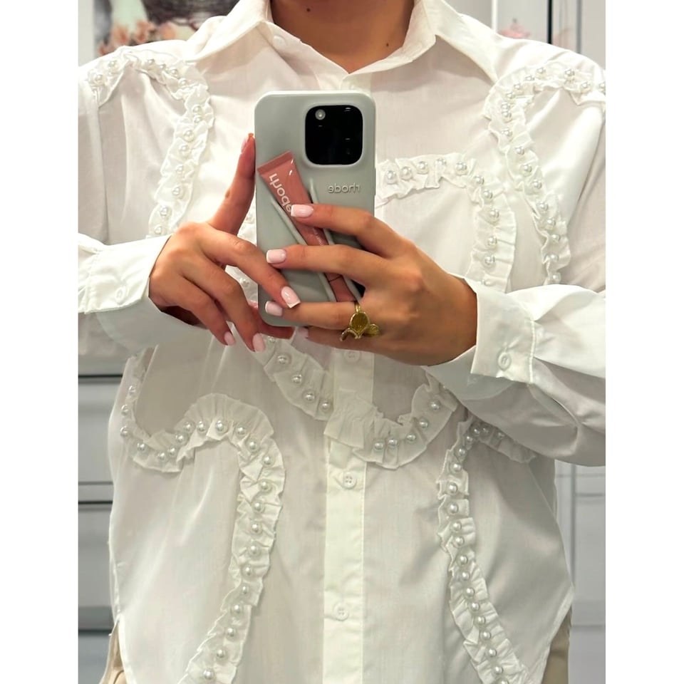 Poplin Pearl Blouse - White hearts - OneSize