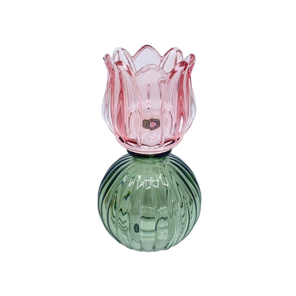 Waxinehouder Tulp Bol Roze Groen Glas 8x15cm