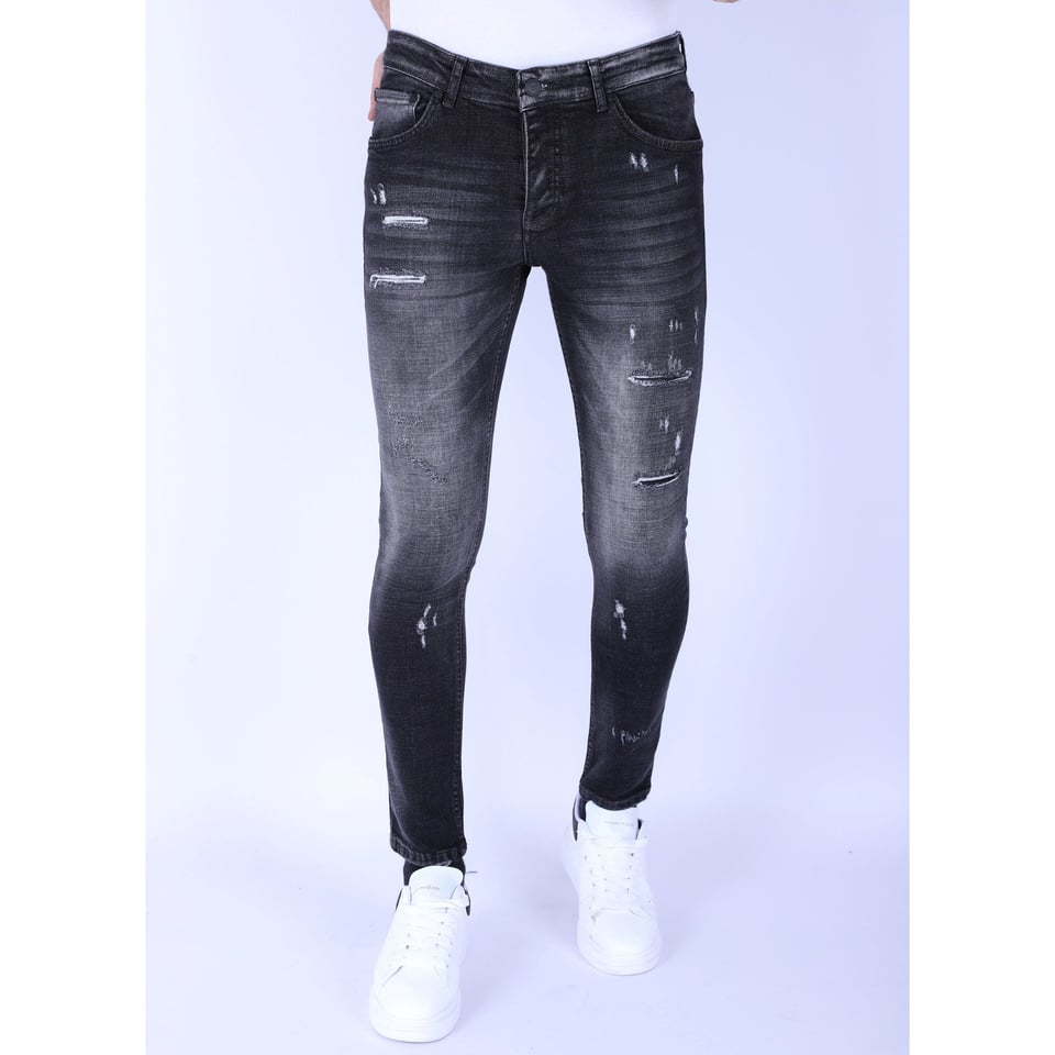 Heren Slim Fit Stone Wash Jeans Met Gaten -1102 - Grijs