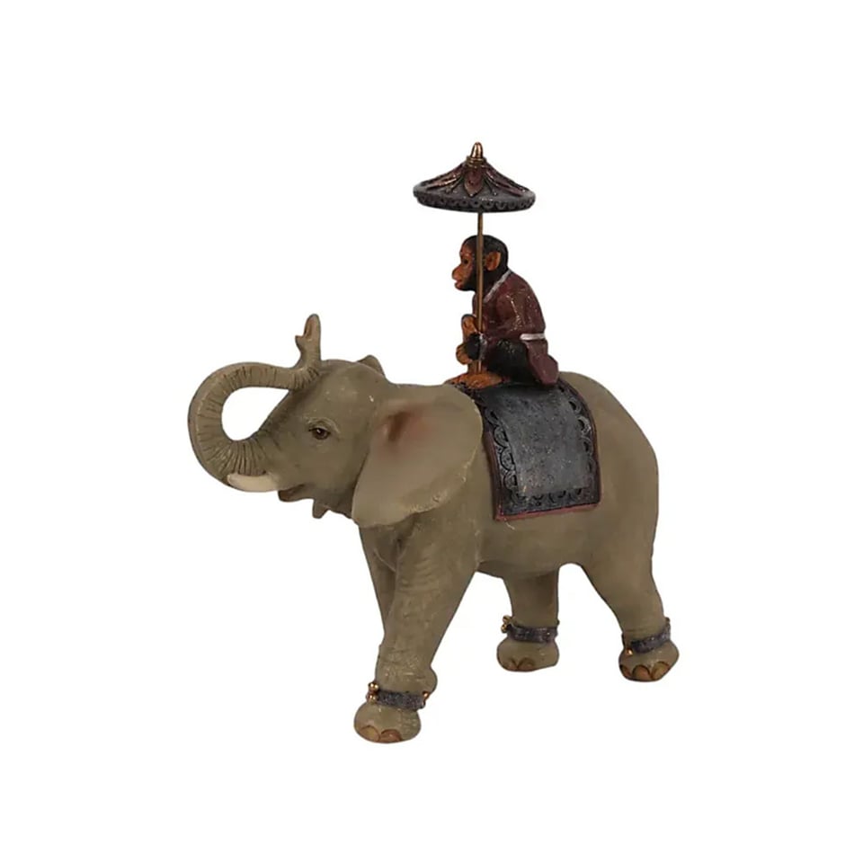 Beeldje Olifant en Aapje Met Parasol Multicolor 19x19cm