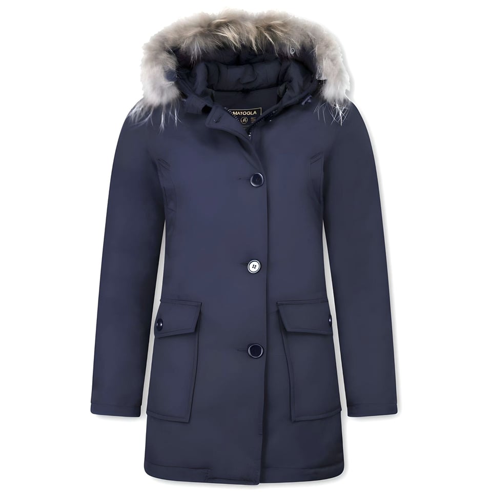 Bontjassen - Dames Winterjas Wooly Lang - Bontkraag - Parka Steekzakken - Blauw