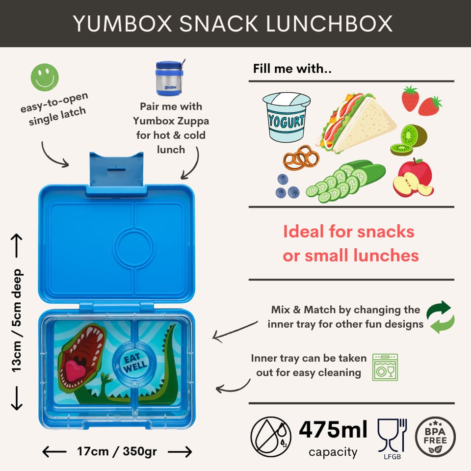 Yumbox Snack 3 Vakken Surf Blue / Dinosaur - Surf Blue / Blauw