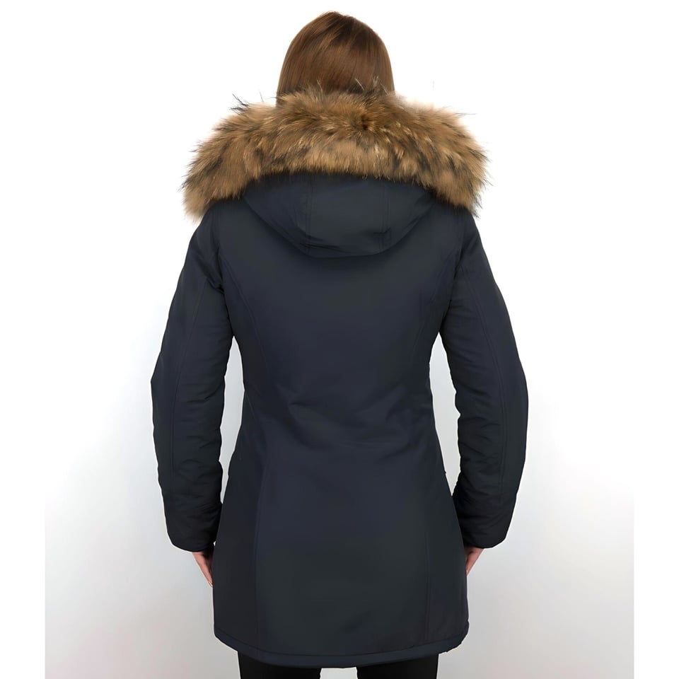 Parka Jas Dames Met Bontkraag Blauw