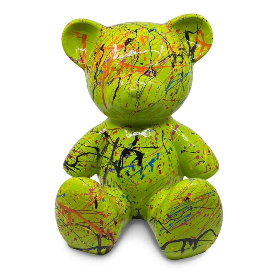 Beeld Design Teddy Beer Zittend Lime Multicolor Splash 30x32cm