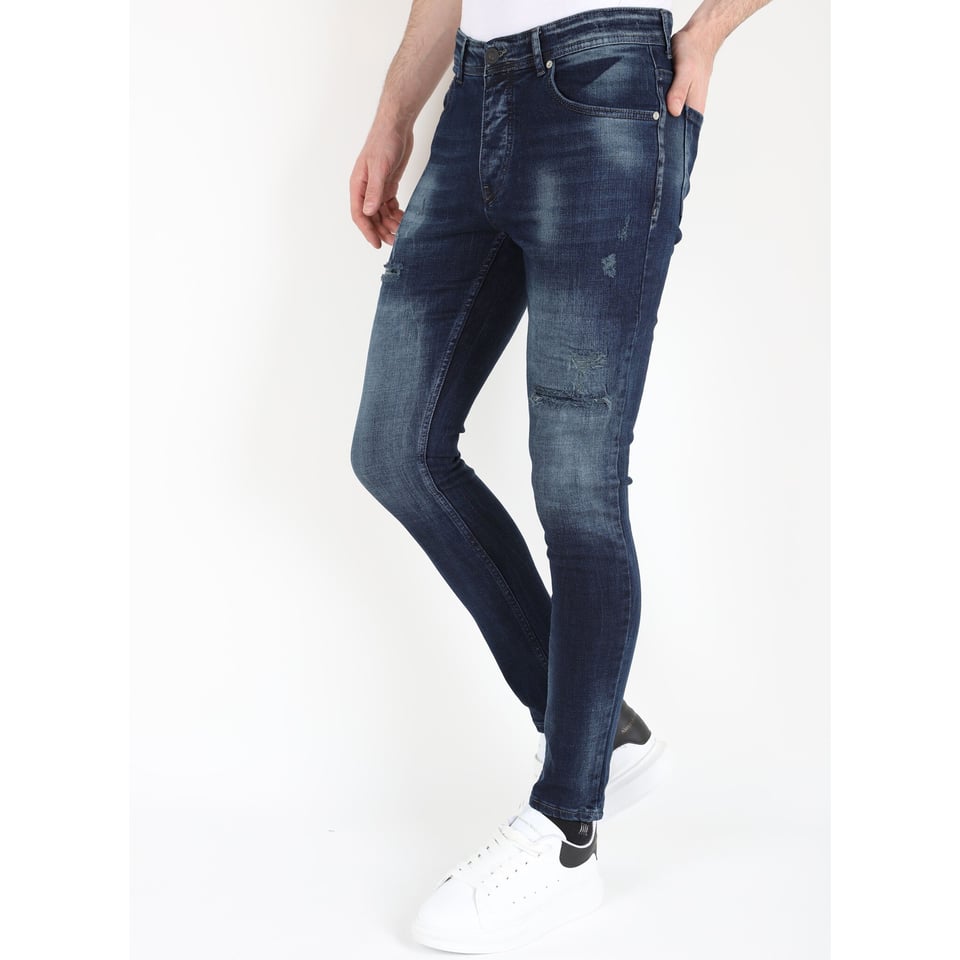 Donkerblauwe Stonewash Jeans Met Gaten Strech -MM120