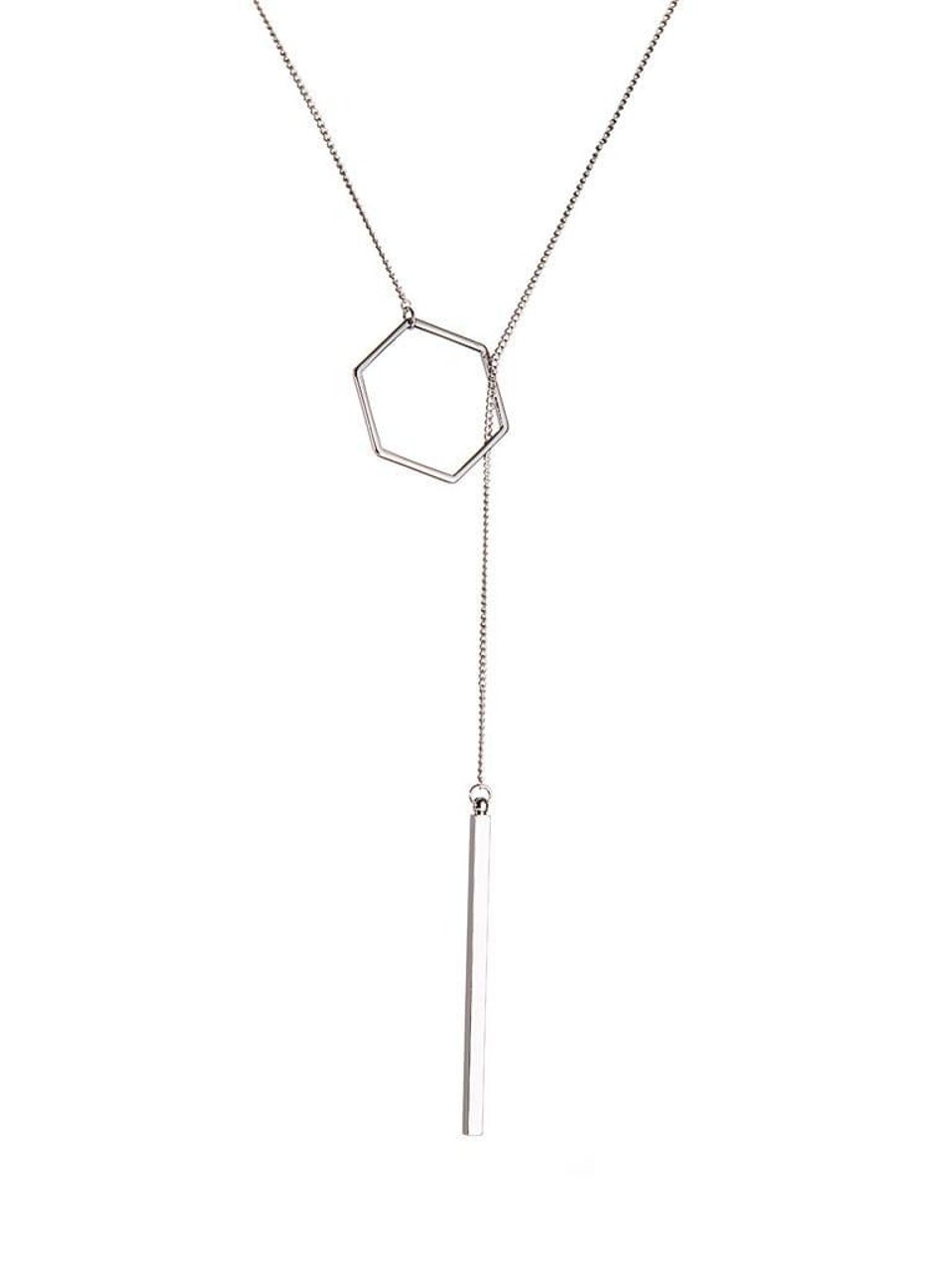 Silver Plated Necklace with Hexagon and Rod 72CM - Sterling Silver / Silver